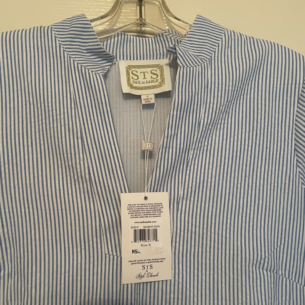 SAIL TO SABLE X STYLE CHARADE Blue Seersucker Charlotte Dress NWT - Picture 5 of 9